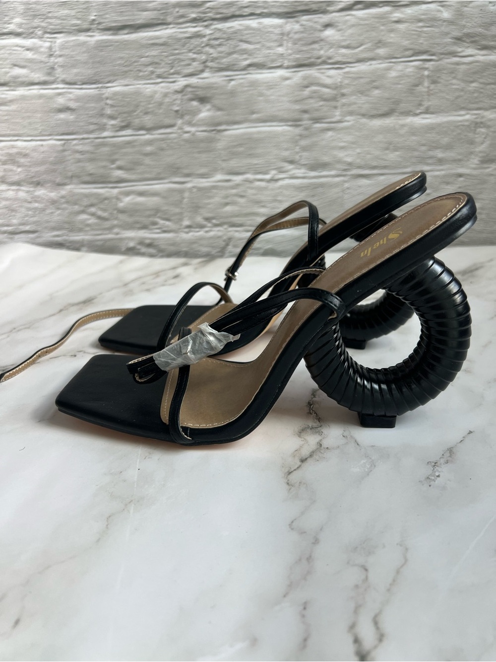 Black Sculptural Heel Strappy Sandals - Women